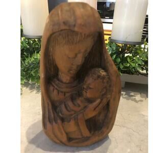 Vintage hand carved Madonna and Child 7 3/4” signed Simeon